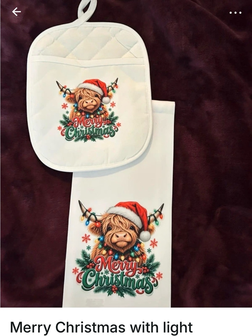 Holiday Merry Christmas Cow Kitchen Towel and Pot Holder Set - White Home made